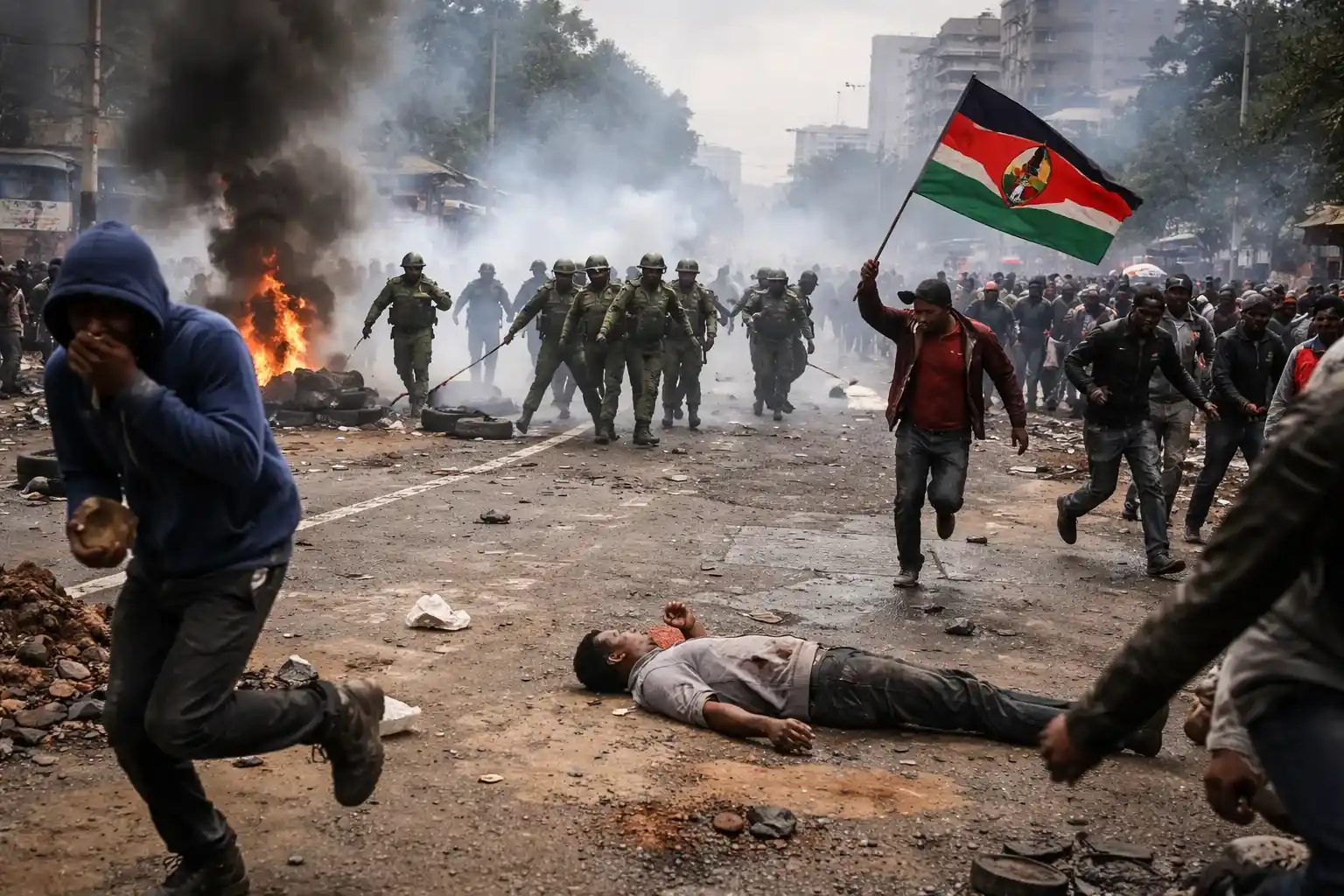 Protesters in Kenya blocking a road with burning tires during fuel price strikes.