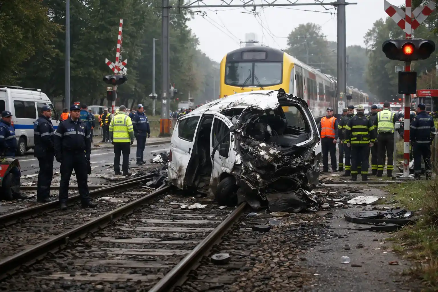 A school minibus lying on its side after colliding with a train at a level crossing in Buggenhout, Belgium.