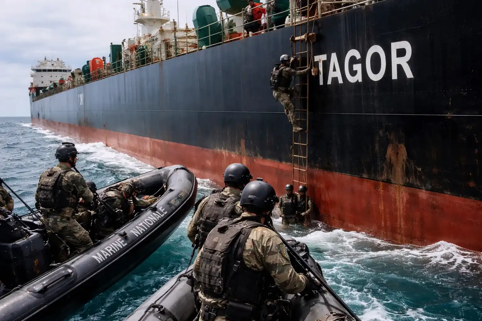 French Navy personnel observing a tanker said to be part of Russia's shadow fleet in the Atlantic.