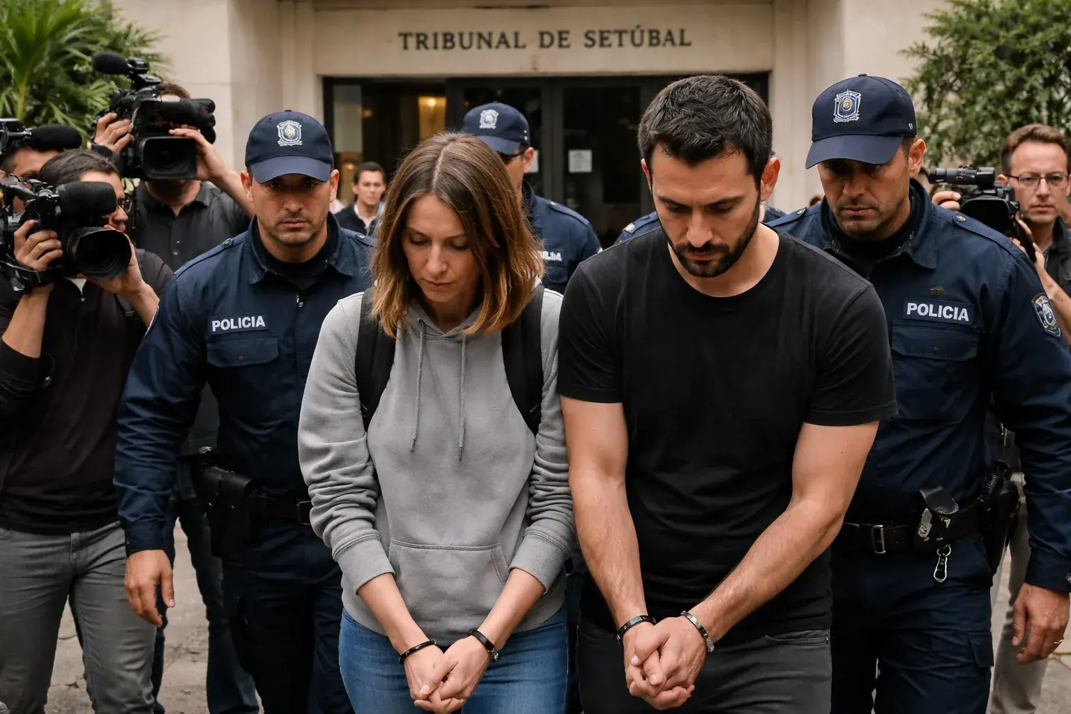 A woman identified as Marine R leaving a courthouse in Setubal, Portugal, following a custody hearing.