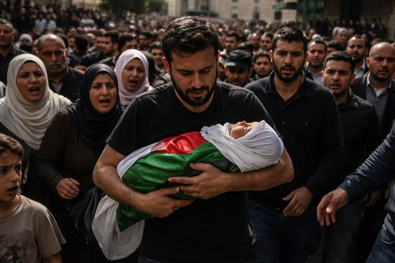 Palestinian mourners carrying the body of a baby wrapped in a flag through Hebron