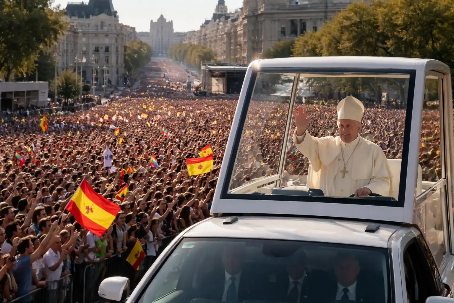 Pope Leo XIV waves to a crowd of over one million people during an open-air mass at Plaza de Cibeles in Madrid.