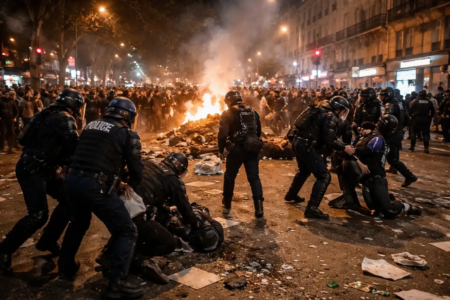 Burnt-out vehicles and debris on a Paris street following overnight riots after the Champions League final.