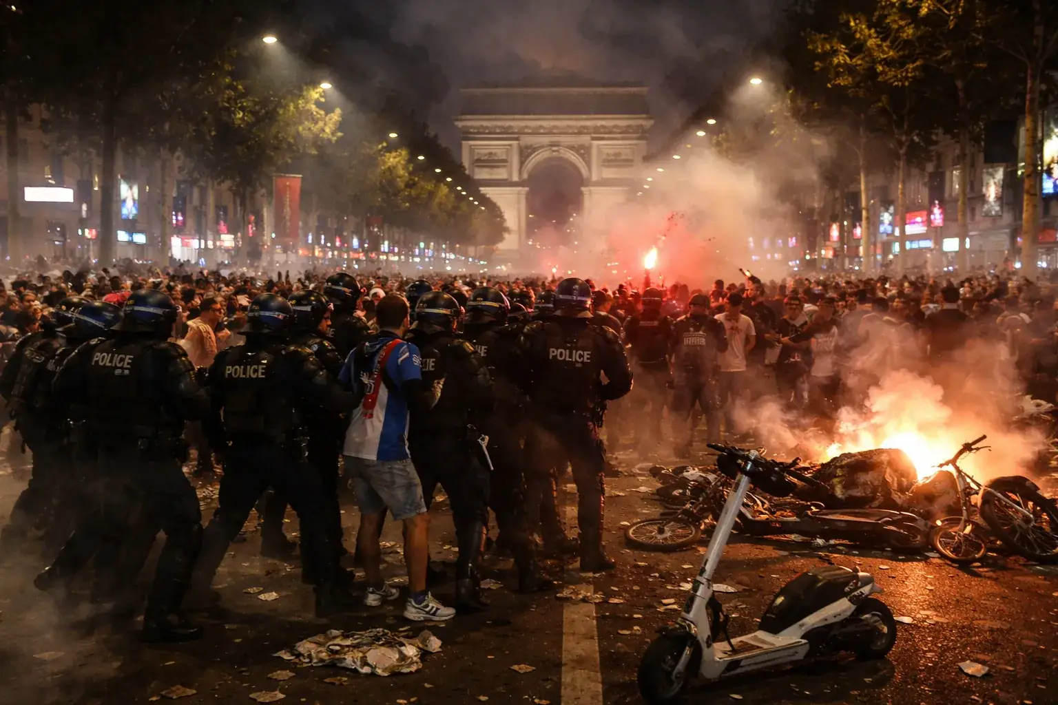 Flares and smoke fill the Avenue des Champs-Élysées in Paris during post-match unrest following the Champions League final.