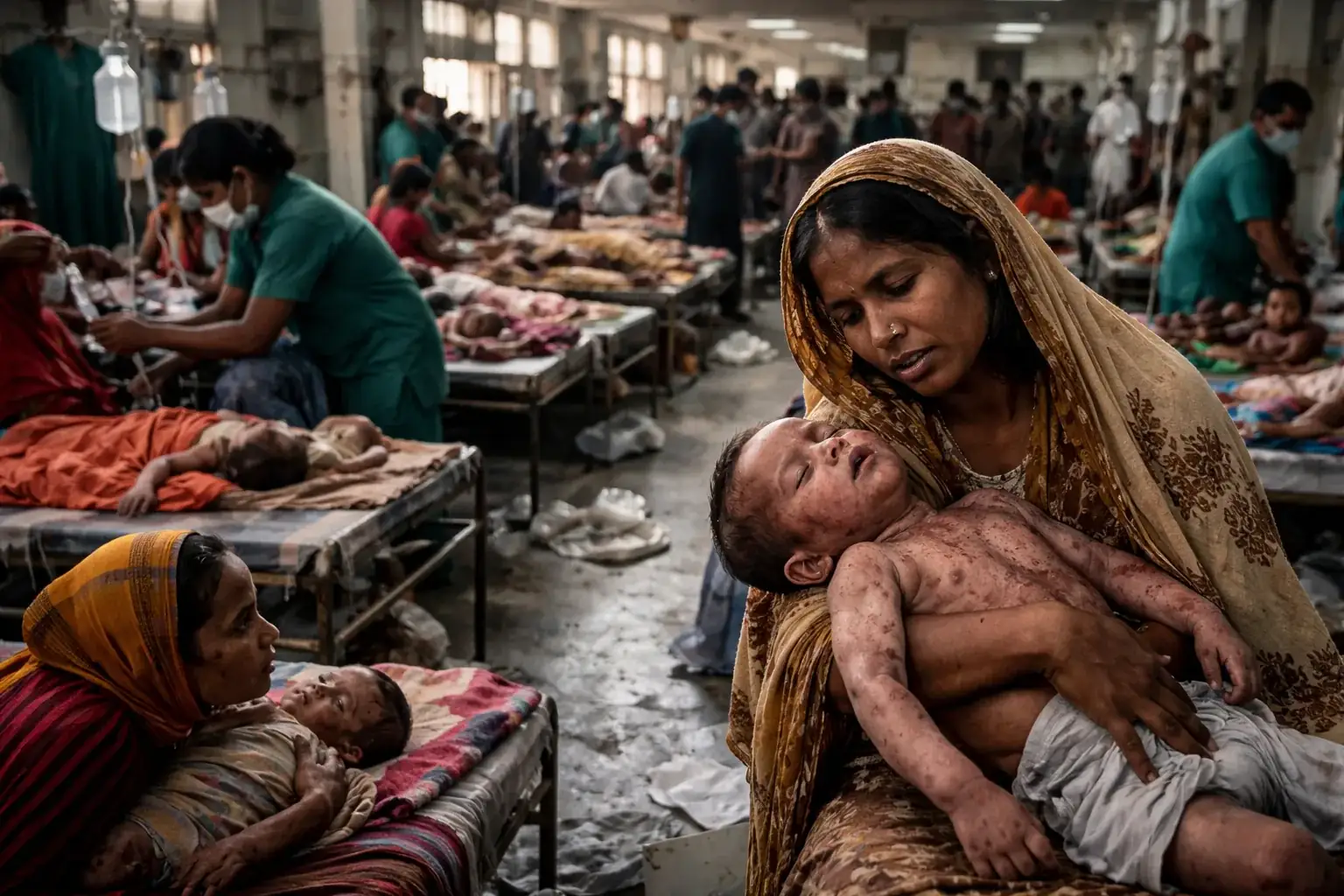 A medical facility in Bangladesh showing the strain of the measles outbreak on hospital resources.