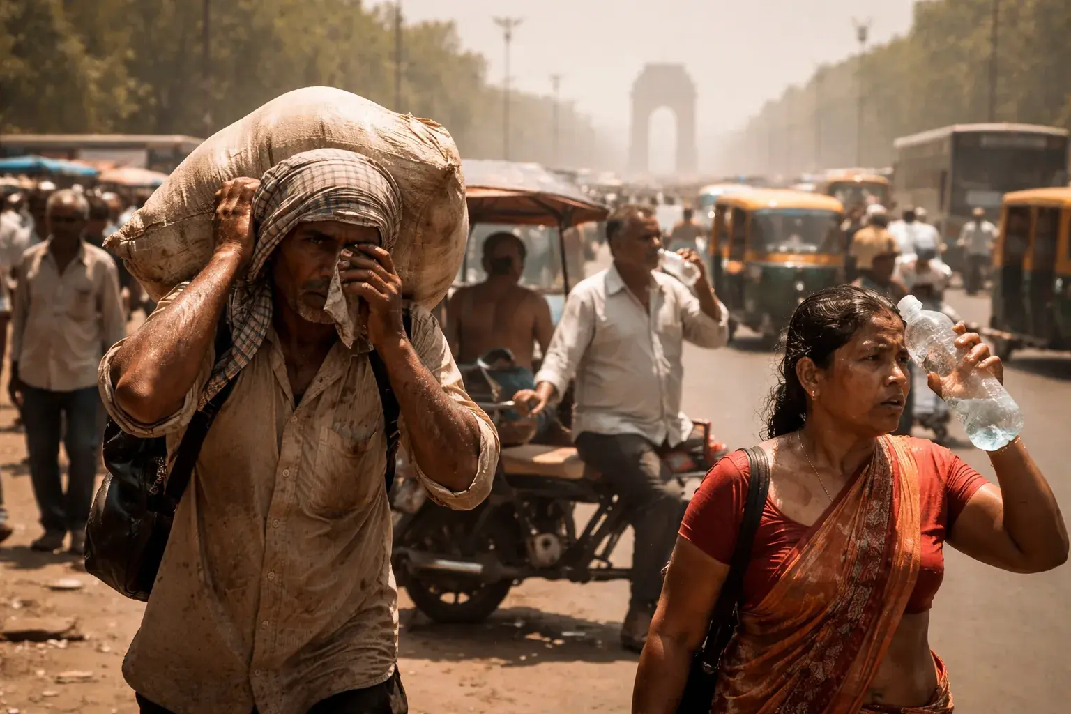 A person in Delhi shielding themselves from the sun during a 45C heatwave.