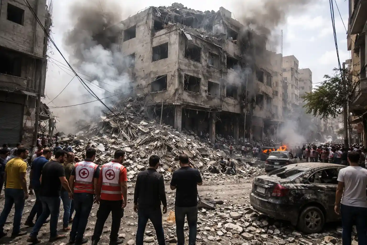 Smoke and fire rising from a residential building in Gaza City following an Israeli air strike.