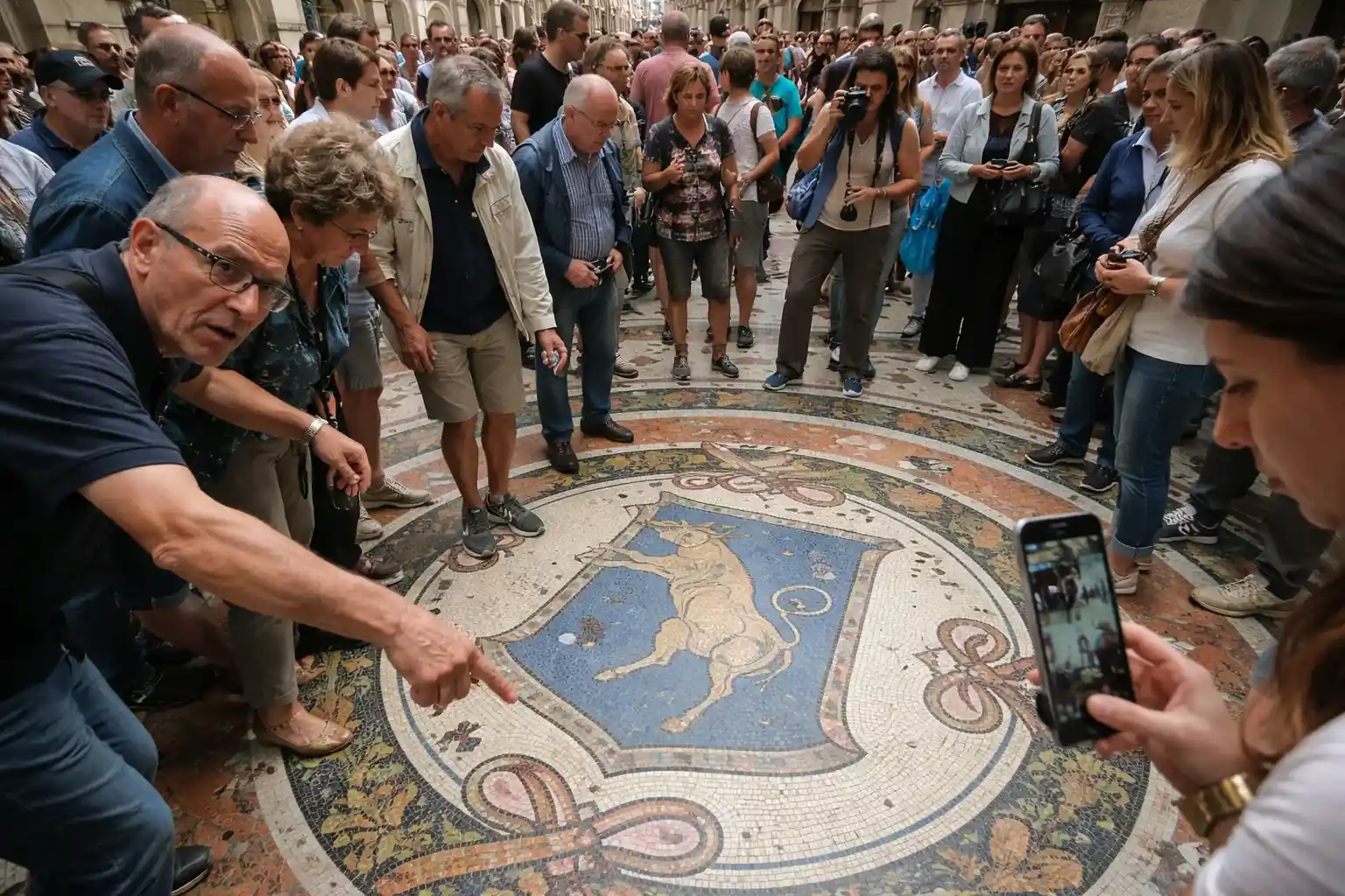 Restoration work being performed on the bull mosaic in Milan's Galleria Vittorio Emanuele II.