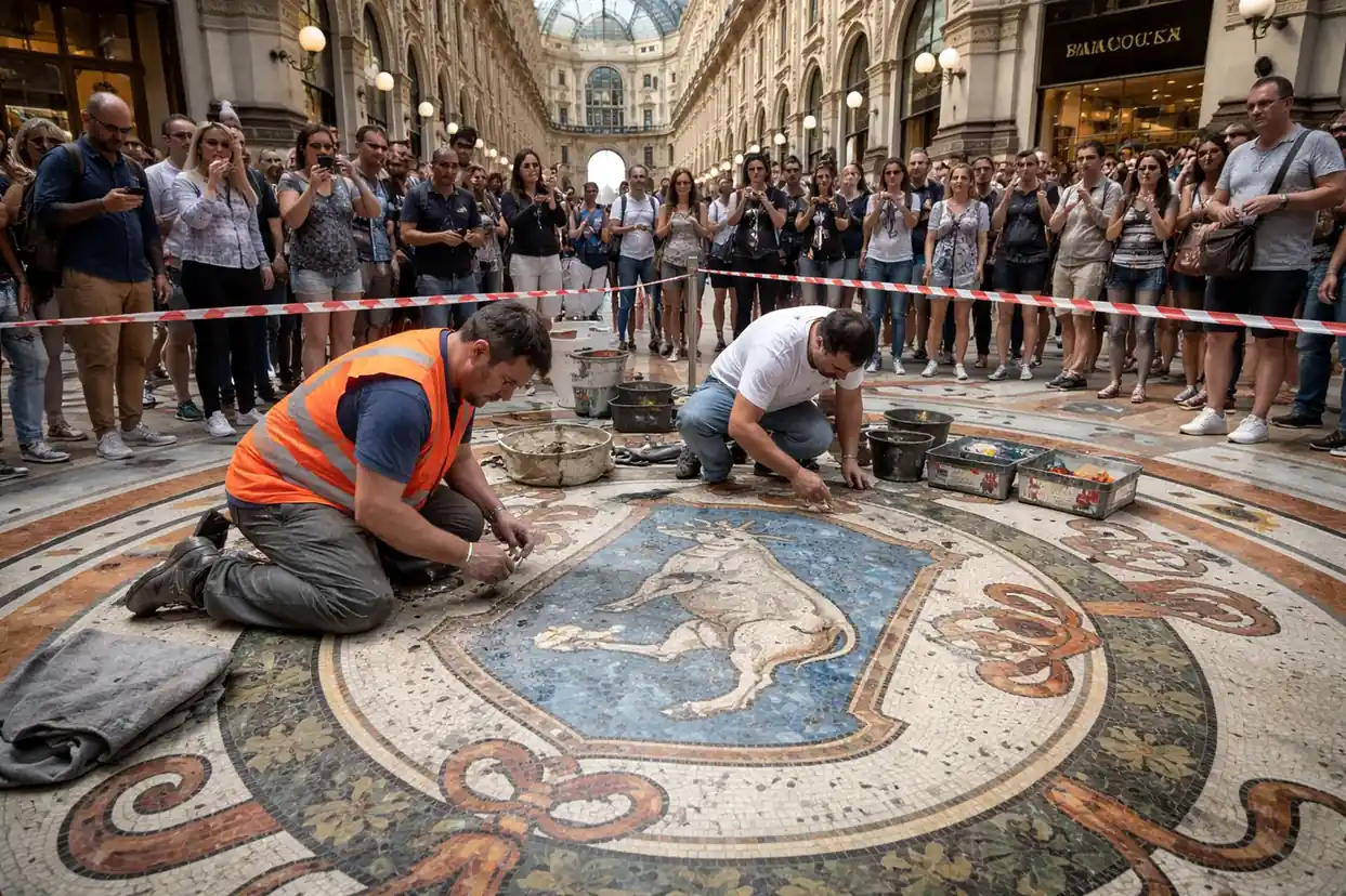 An artisan works on the floor mosaic of a bull in Milan's historic Galleria Vittorio Emanuele II arcade.