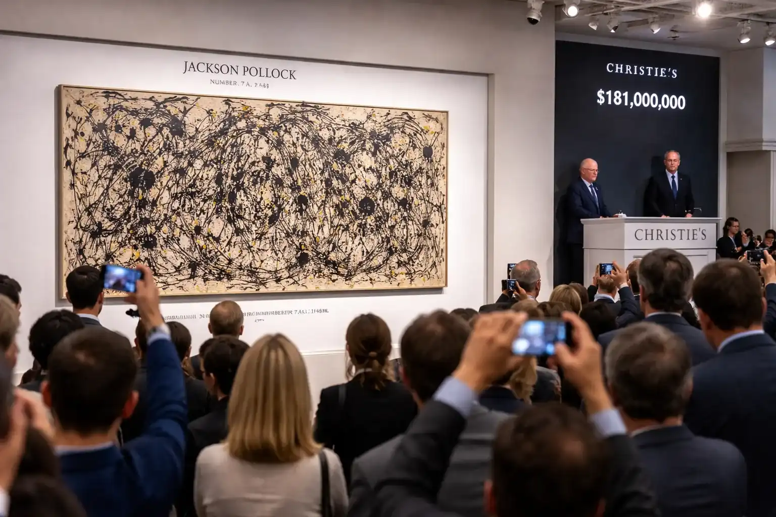 A large canvas painting by Jackson Pollock titled Number 7A, 1948, featuring intricate black and red drips.