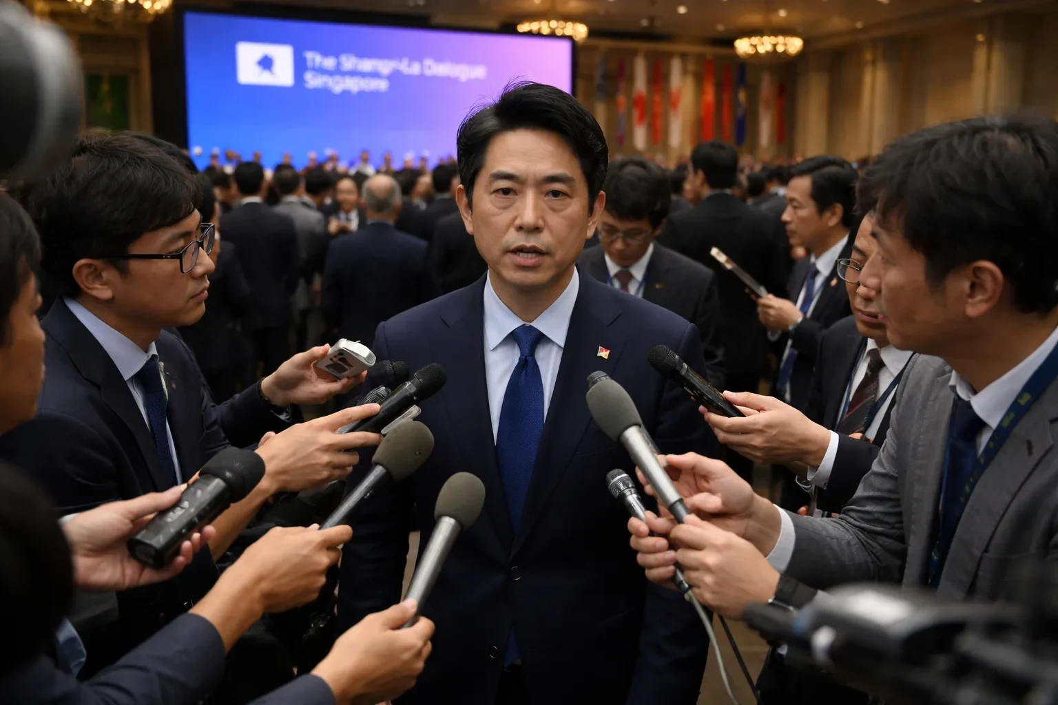 Japan's Defence Minister Shinjiro Koizumi speaking at the Shangri-la Dialogue in Singapore.