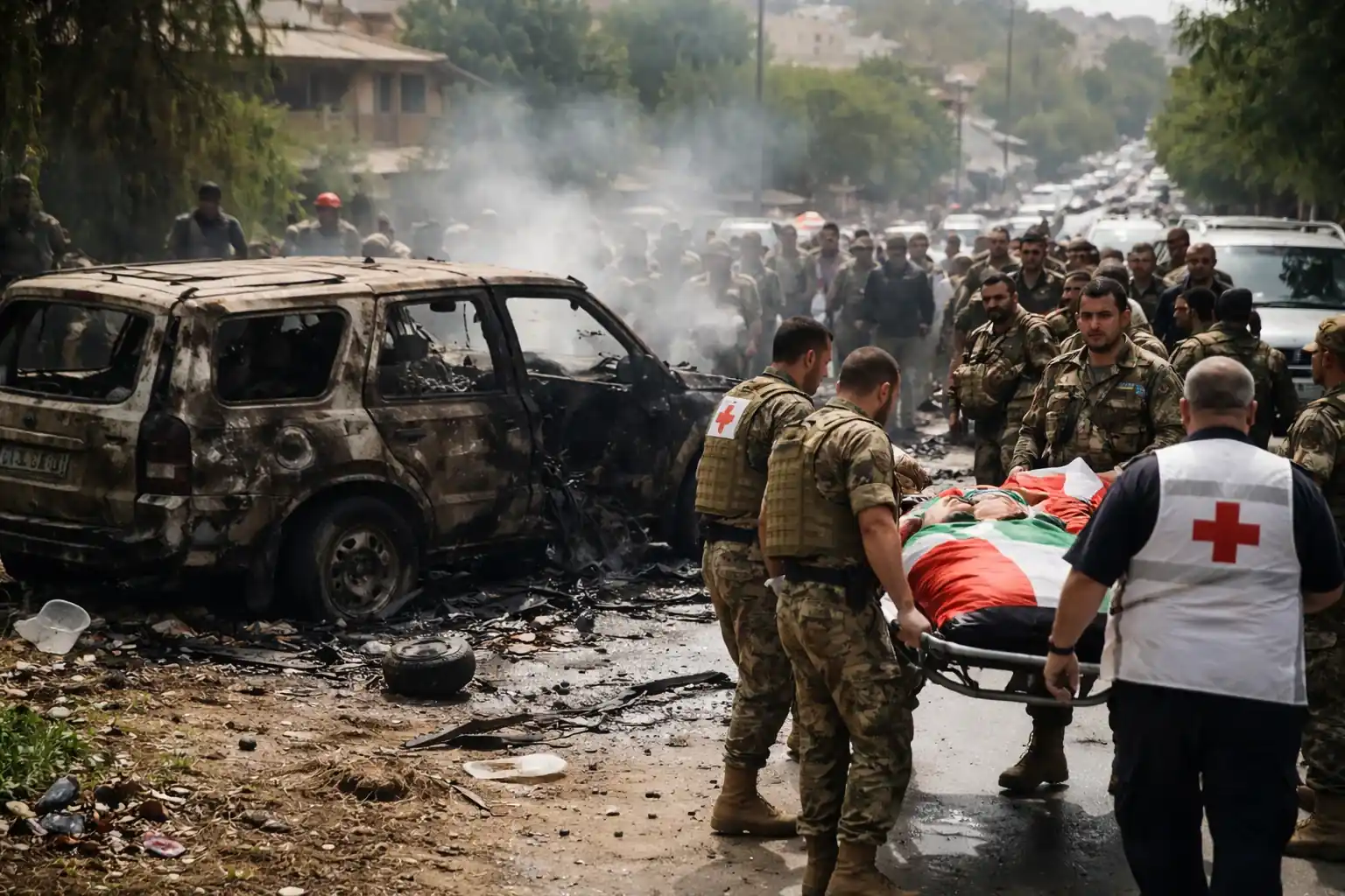 The burnt-out wreckage of a Lebanese Army vehicle on a road outside the village of Kfar Tebnit.