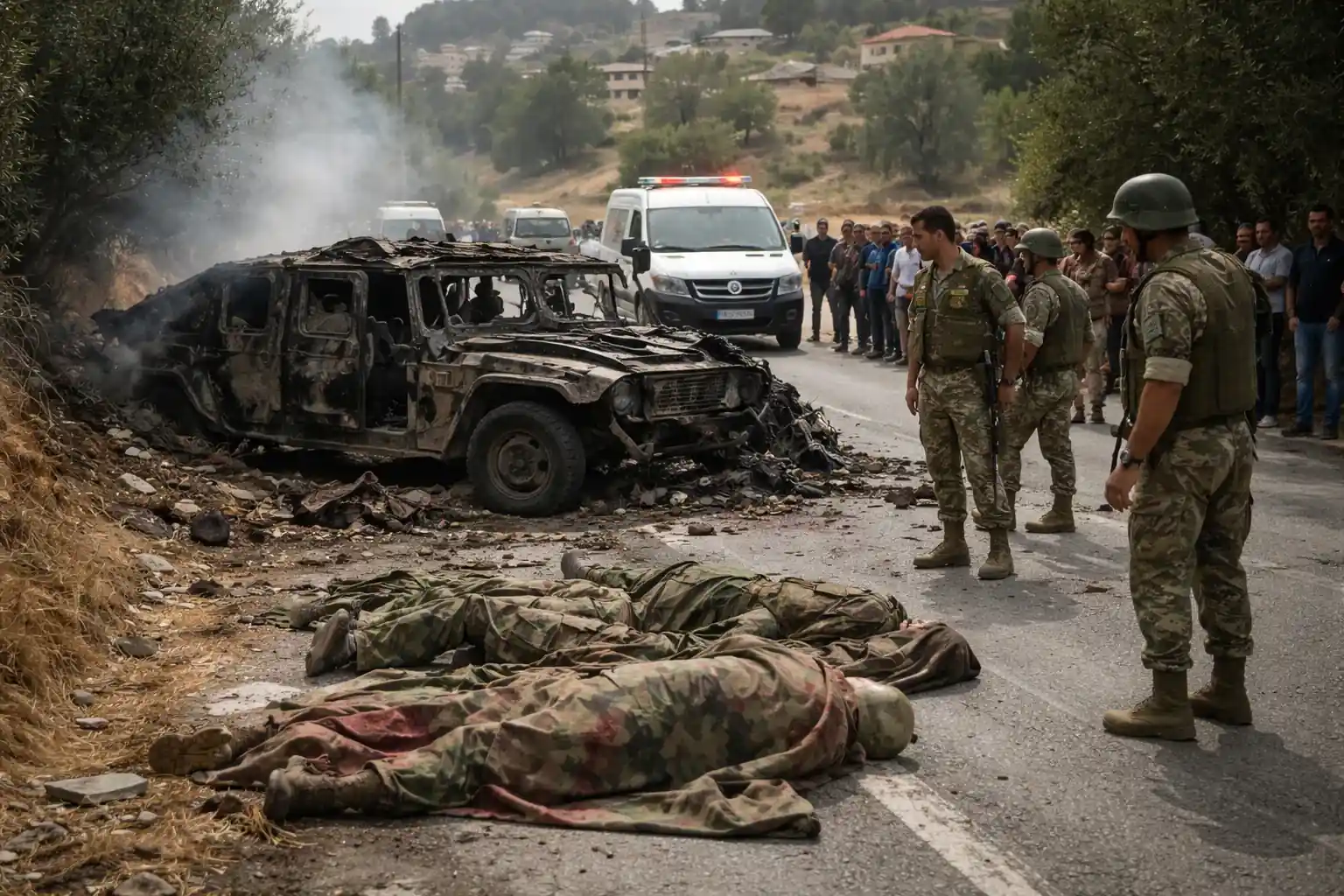 Burnt-out wreckage of a car on a road in southern Lebanon following an Israeli military strike.