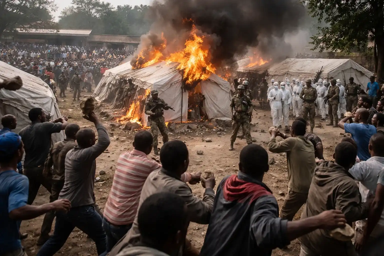 Medical staff in protective gear at an Ebola treatment center in the Democratic Republic of Congo.