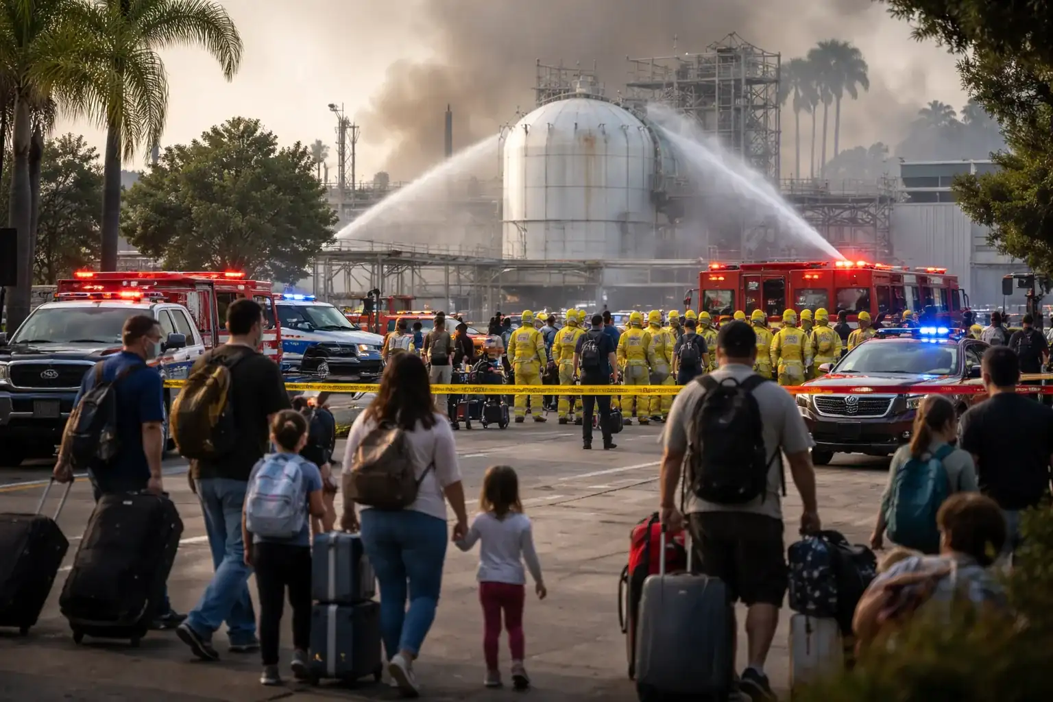 A hazardous materials response unit at an industrial facility during a chemical leak incident.