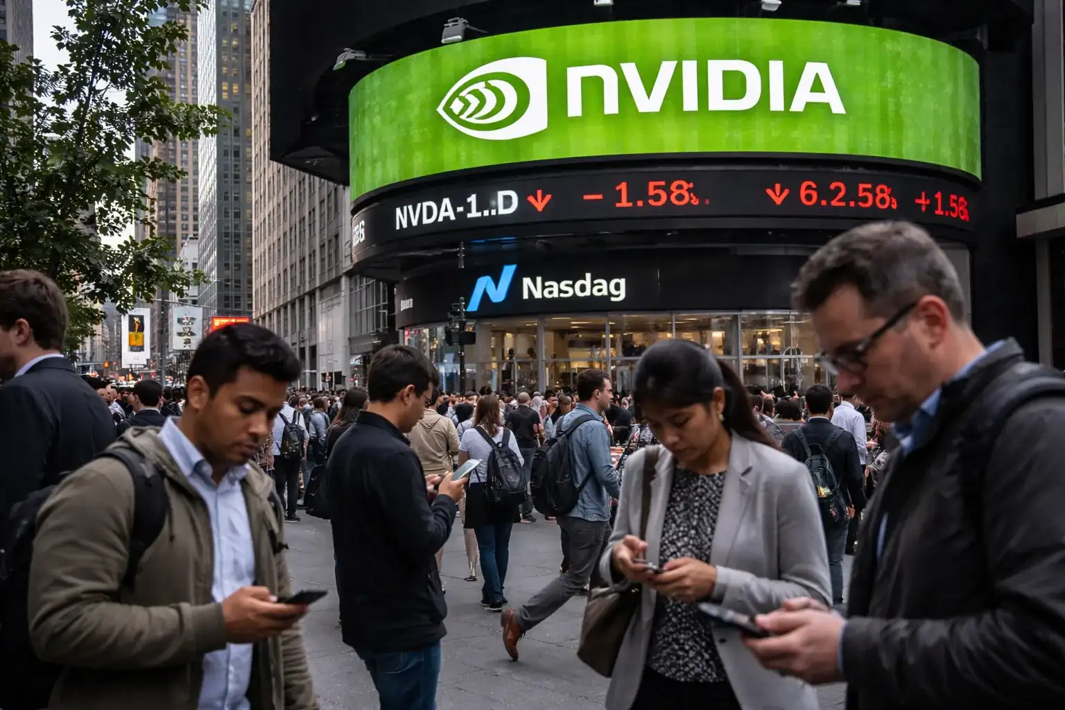 An Nvidia logo displayed on a digital screen representing the company's dominance in the semiconductor industry.