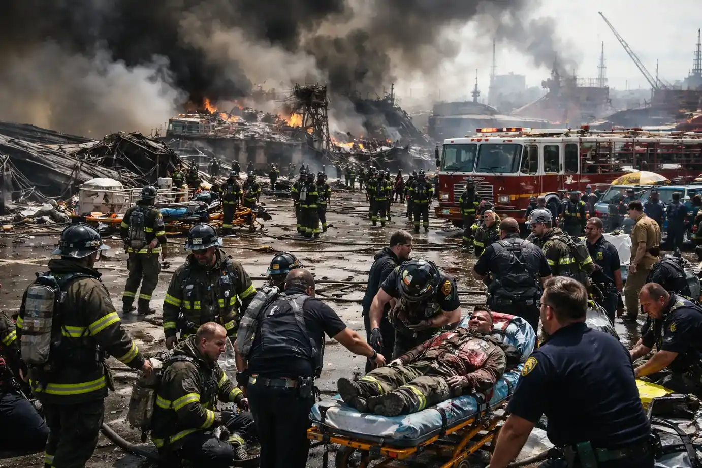 Emergency response vehicles and personnel at a Staten Island shipyard following a fatal barge explosion.