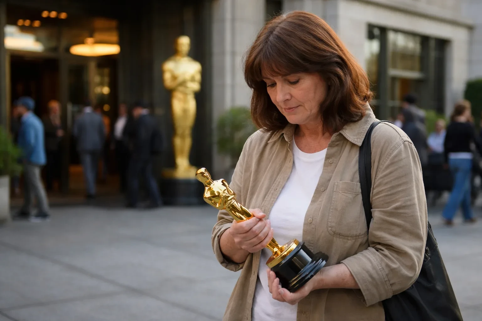 Marcia Lucas holding her Oscar for Best Film Editing at the 1978 Academy Awards
