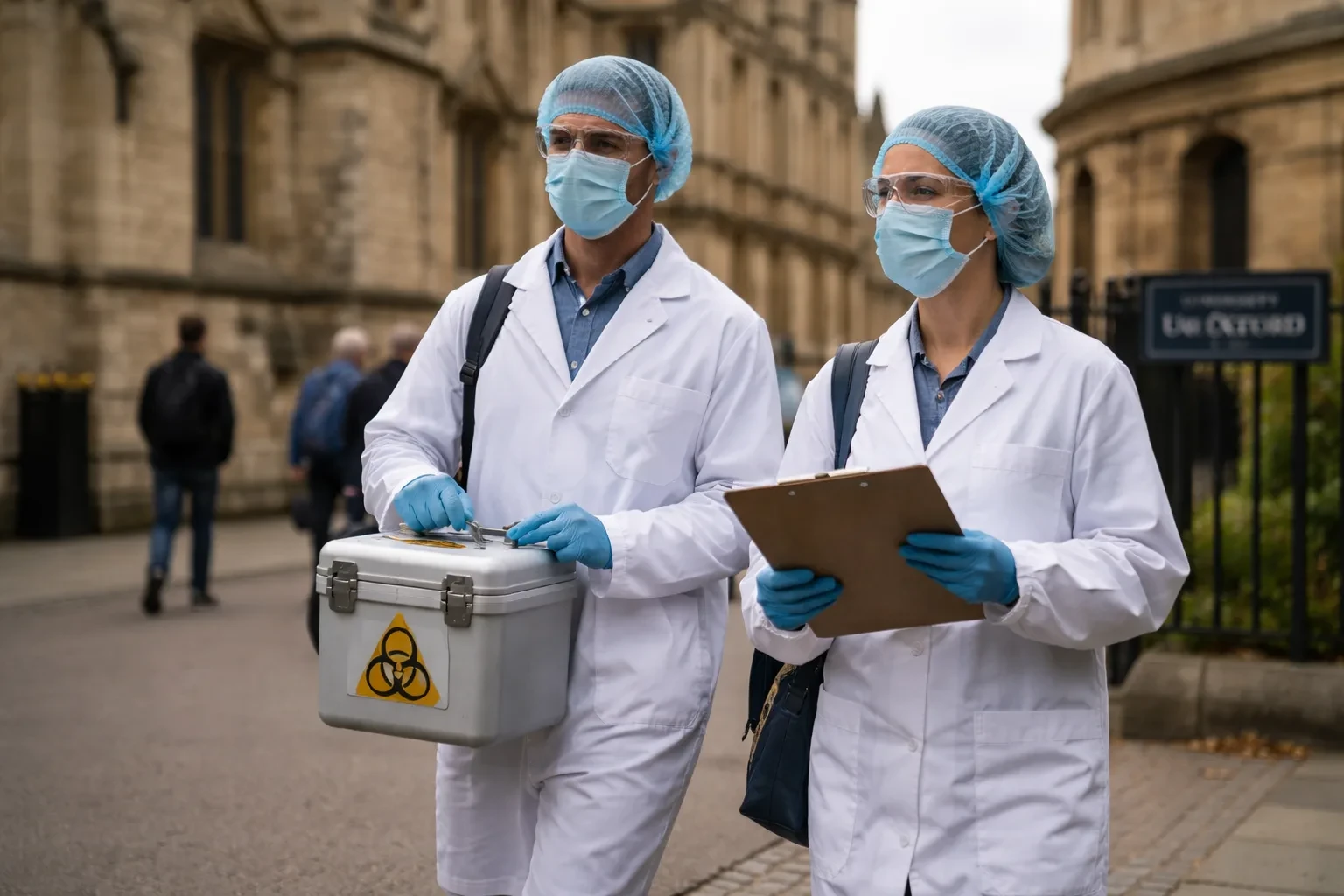 Health workers in protective suits outside a hospital during an Ebola outbreak response in the Democratic Republic of Congo.