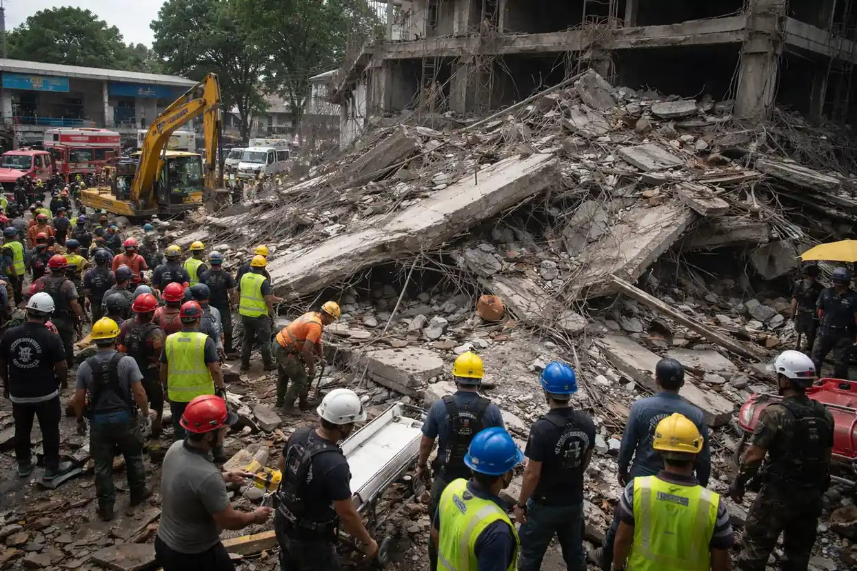 Rescue workers at the site of a collapsed nine-story building in Angeles City, Philippines.