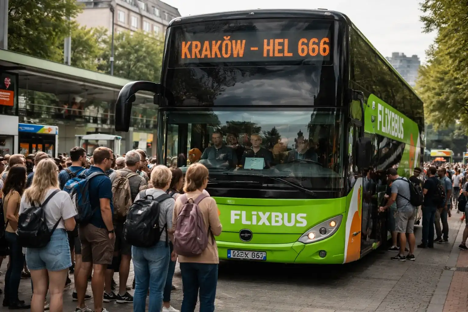 A Polish bus displaying the route number 666 on its way to the seaside town of Hel.
