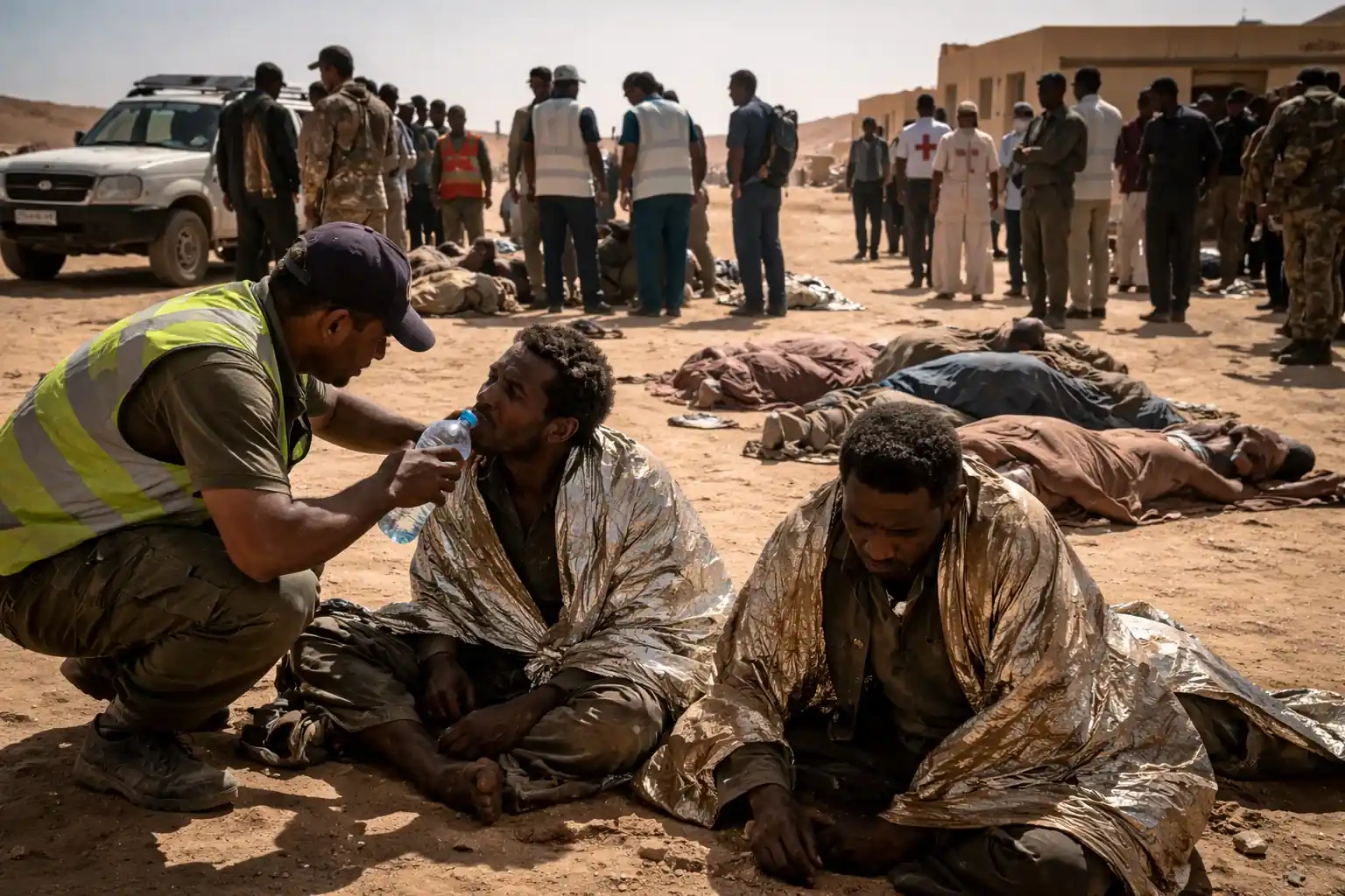 Rescue teams in the Niger desert where dozens of travelers died of thirst.