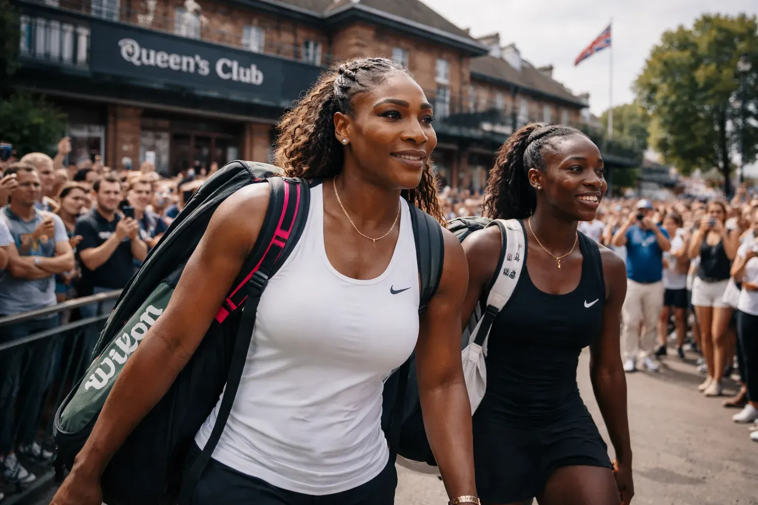 Serena Williams serving during a grass-court tennis match.