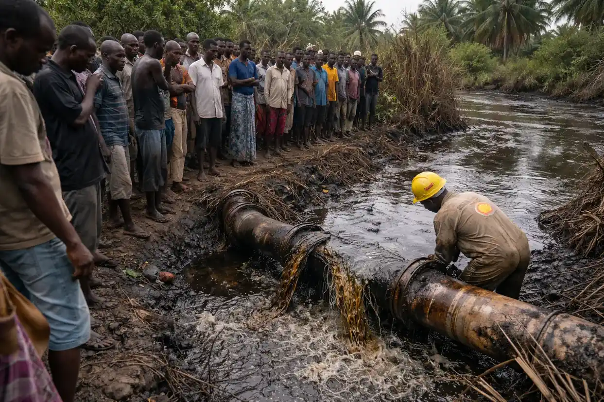 Oil-slicked water and mangroves in the Niger Delta region of Nigeria.