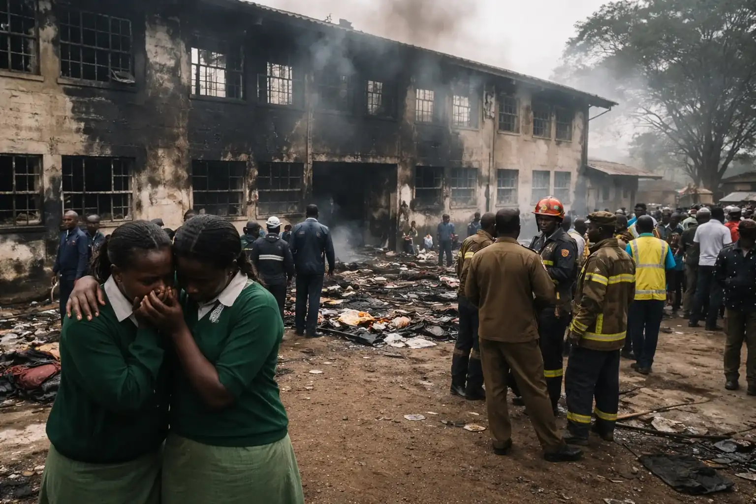 Parents and relatives gather outside Utumishi Girls Academy in Gilgil for news of their children after a fatal dormitory fire.