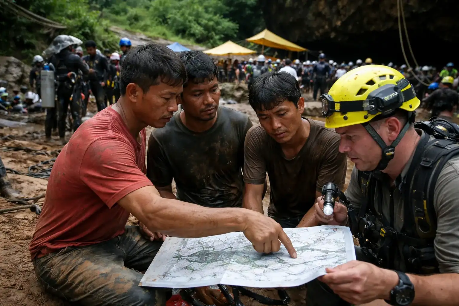 Rescue teams and volunteers gathered at the entrance of a flooded cave in a mountainous region of Laos