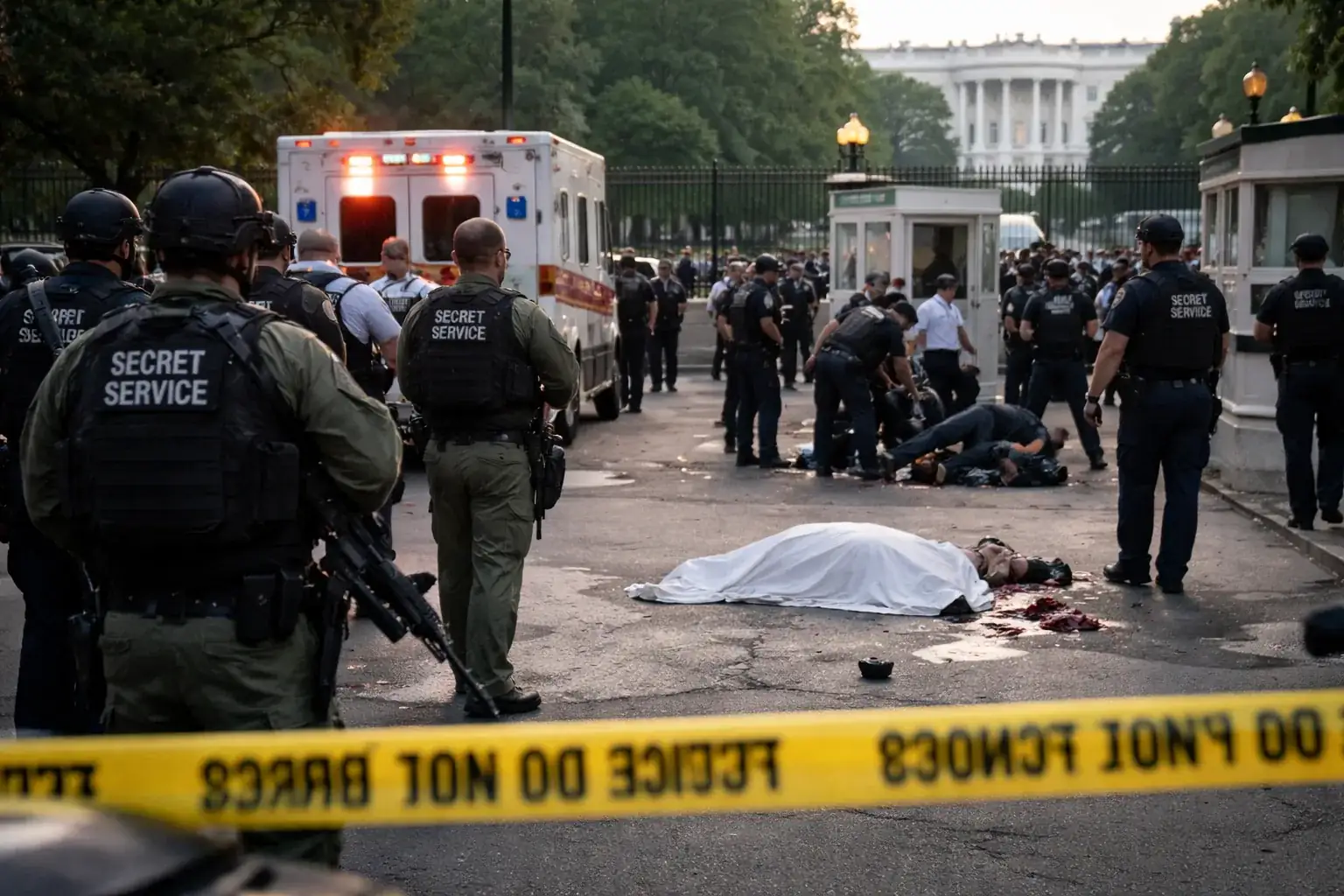 Secret Service agents and law enforcement securing the area near the White House after a shooting incident.