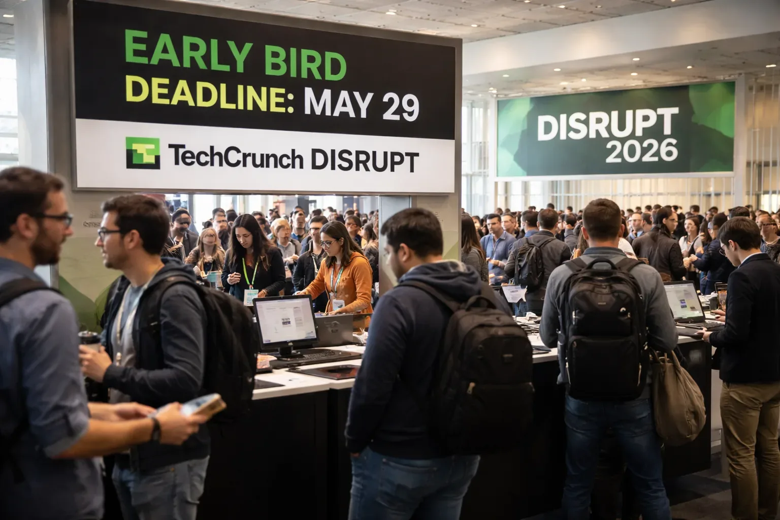 A wide view of the TechCrunch Disrupt main stage and networking floor at Moscone West in San Francisco.