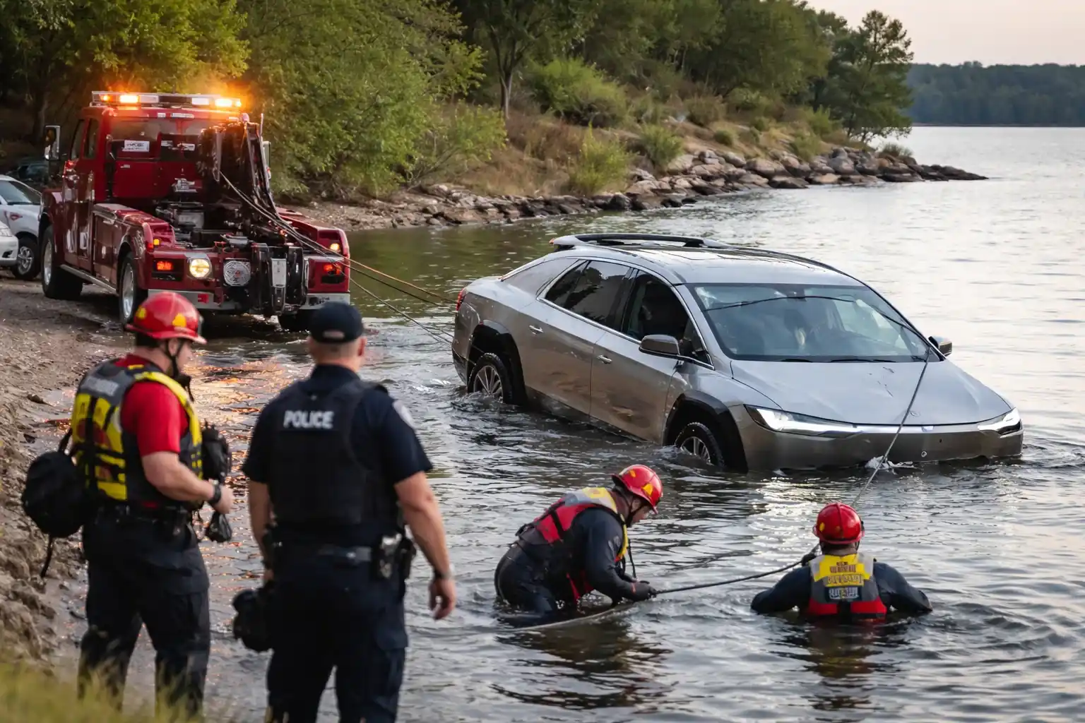 A Tesla Cybertruck being recovered from Grapevine Lake in Texas after becoming submerged.
