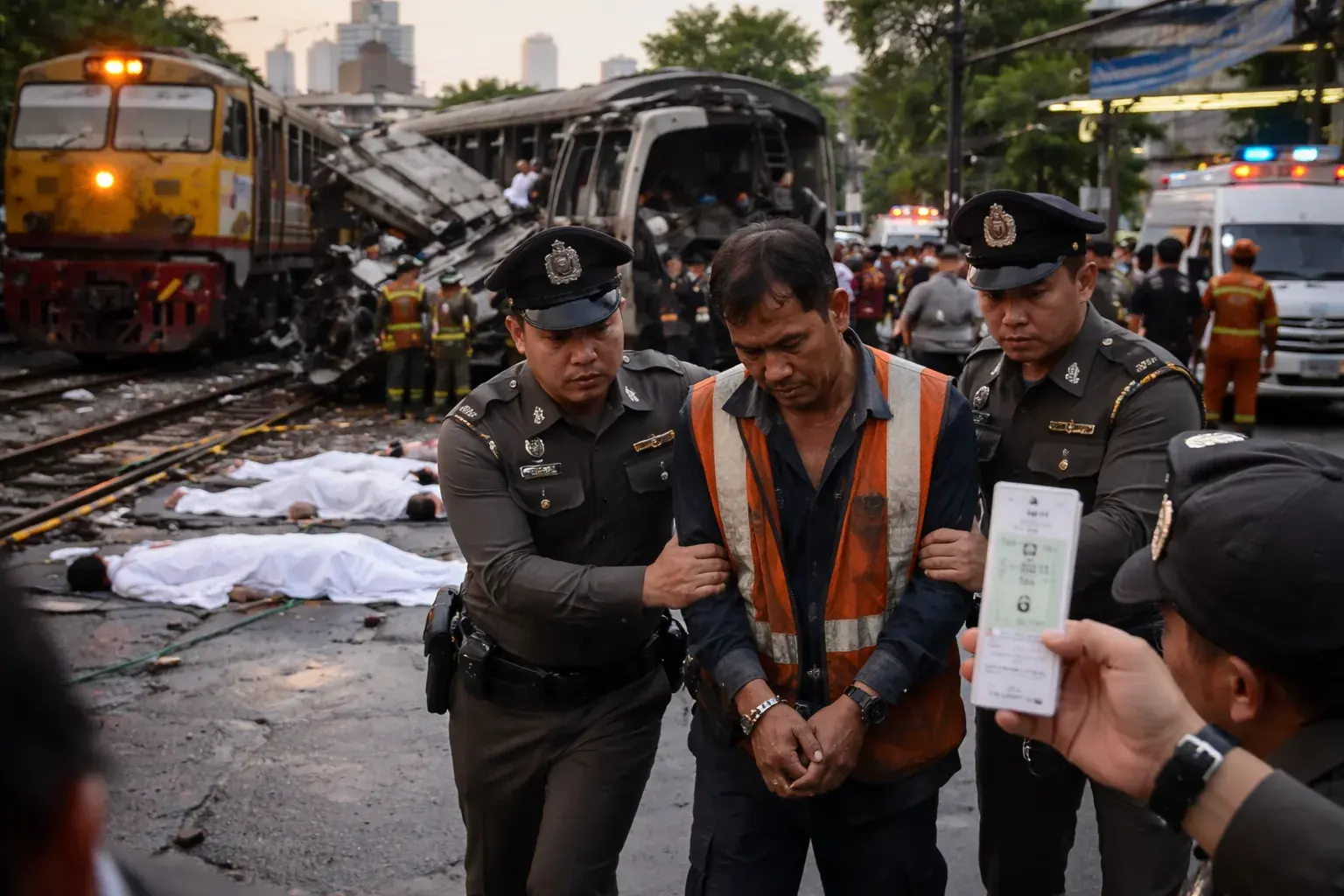 Emergency services and investigators at the scene of the train and bus collision in Bangkok