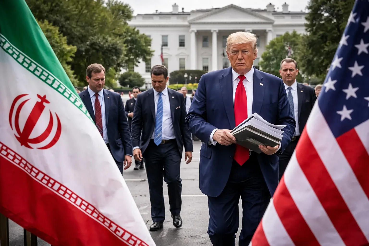 A visual representation of the Strait of Hormuz and the U.S.-Iran diplomatic flags.