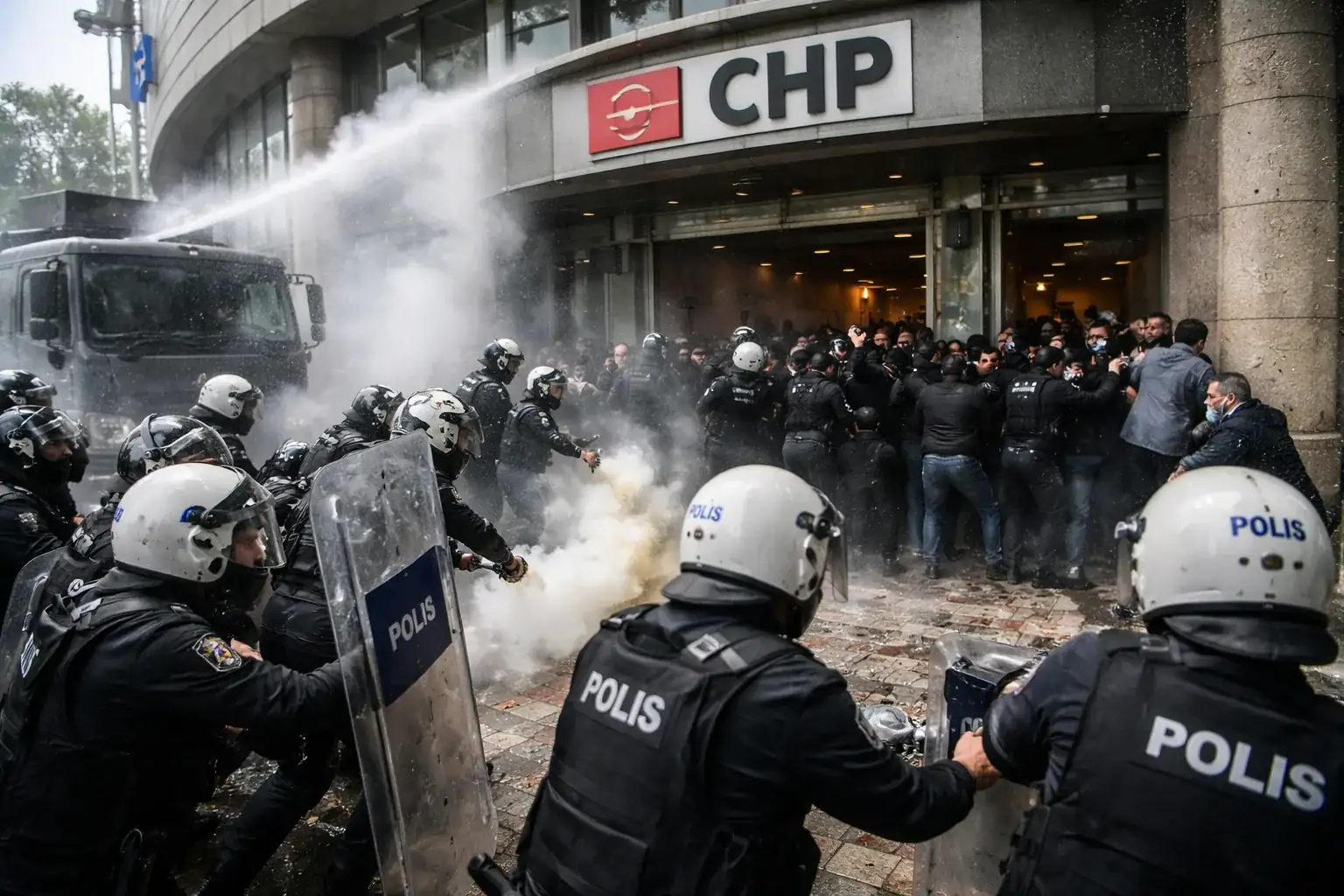 Turkish riot police outside the Republican People's Party (CHP) headquarters in Ankara amid clouds of tear gas.