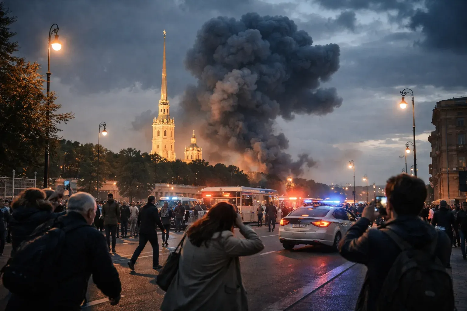 Unknown location showing drones and explosions during the attack on the St Petersburg region.