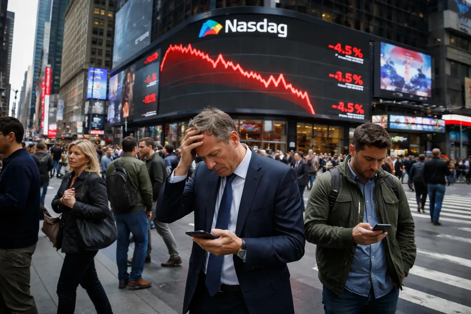 Stock market ticker displaying red downward trends for major indices