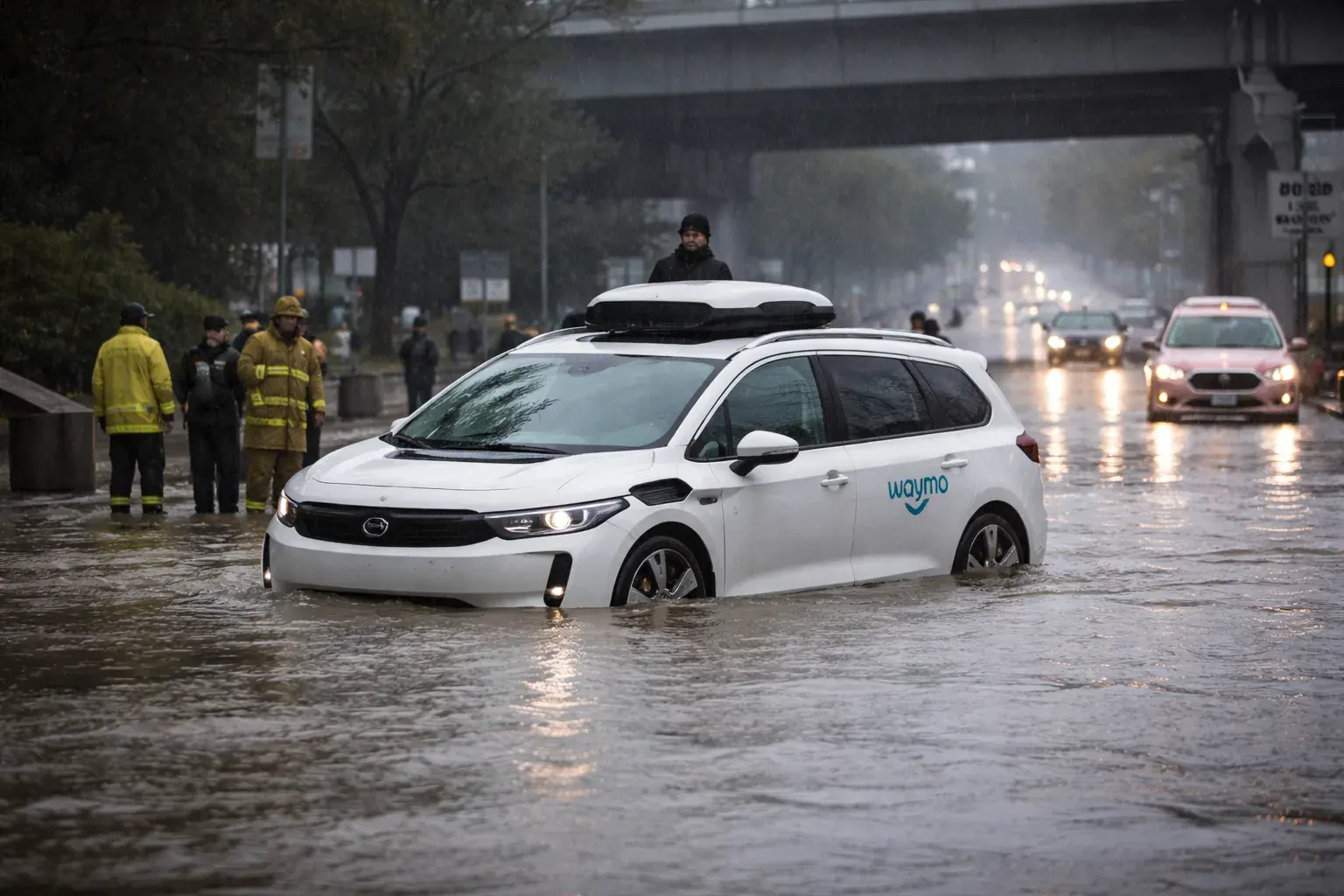 A Waymo self-driving car equipped with sensors and cameras navigating a city street.