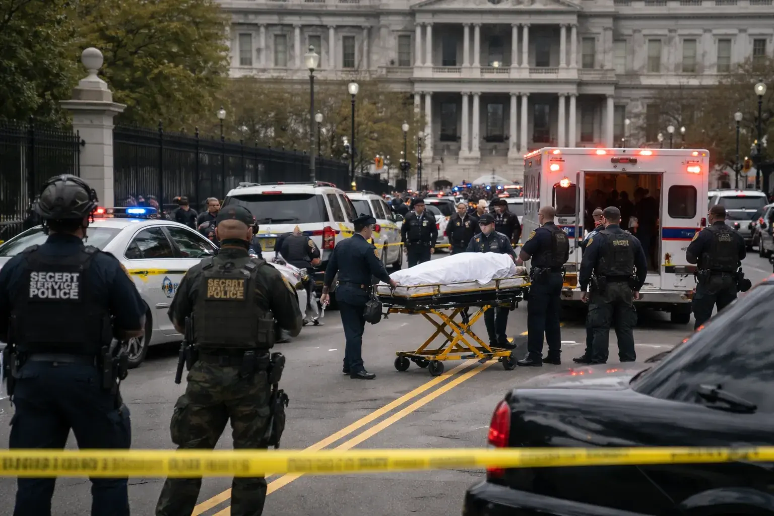 Bullet holes and broken glass at the White House History Shop following a shooting incident.