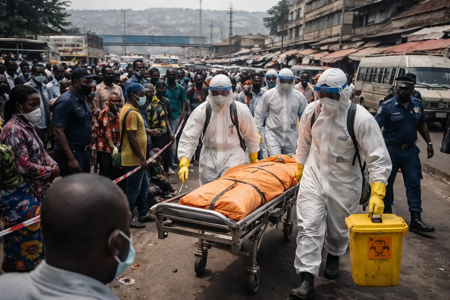 Healthcare workers in protective gear at a hospital in the Democratic Republic of Congo.