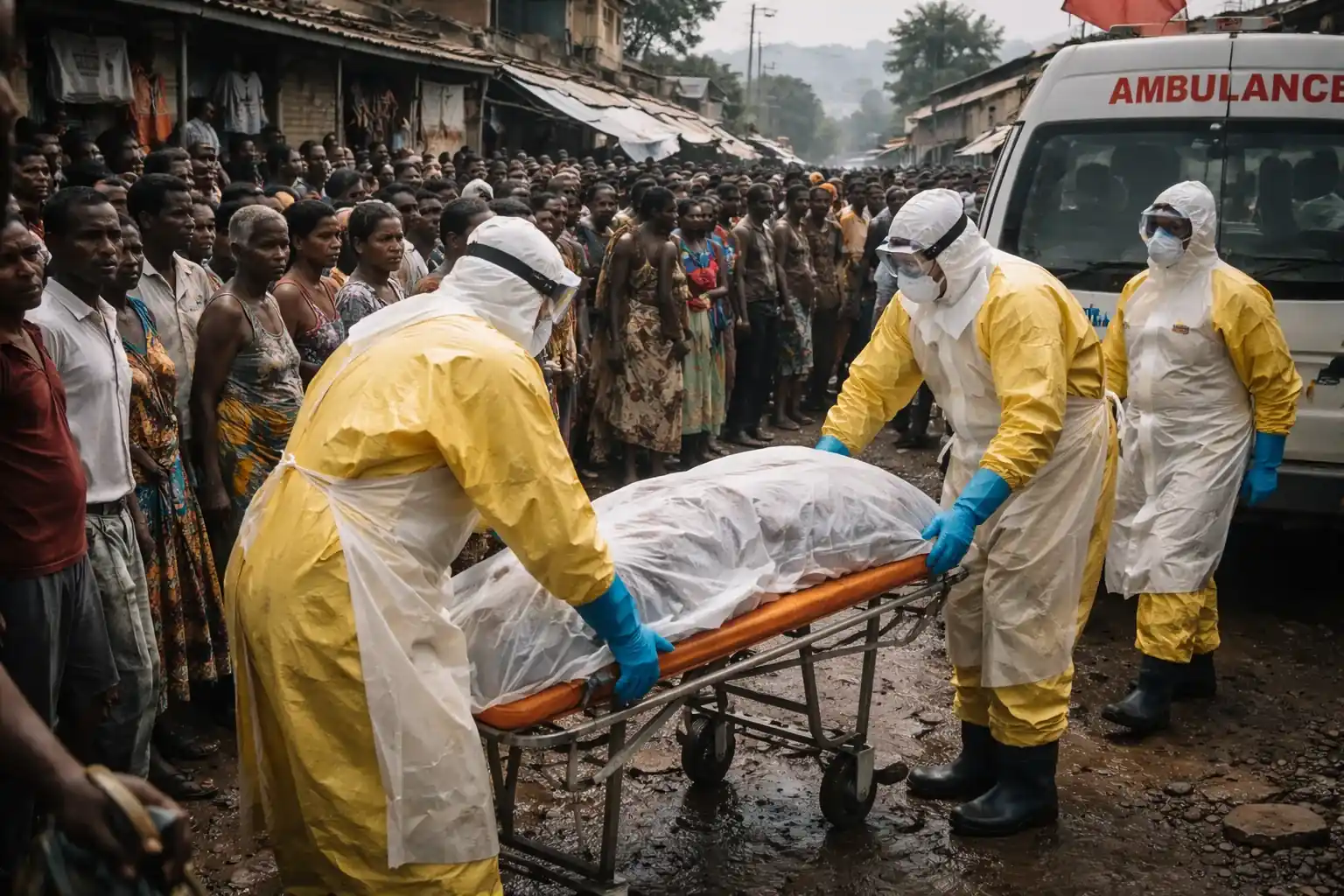 Health workers in protective gear at a medical facility in DR Congo