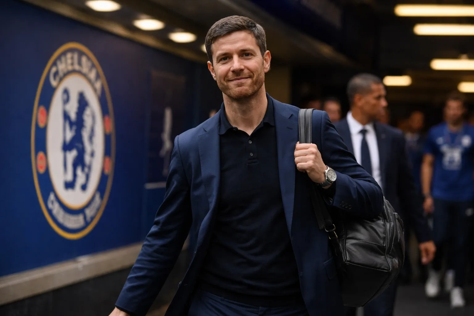 Xabi Alonso coaching on the sidelines during a competitive match.